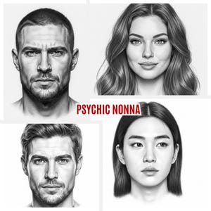 May include: Four grayscale portraits of different people. The image features a man with a shaved head, a woman with wavy hair, a man with short hair, and a woman with straight hair. The text "PSYCHIC NONNA" is displayed in red.