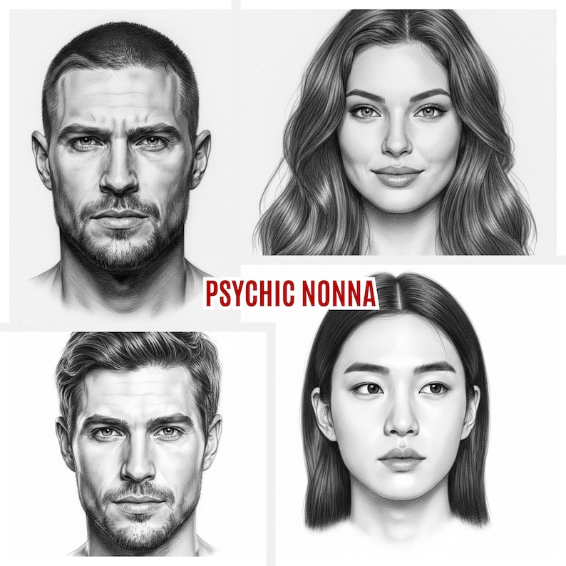 May include: Four grayscale portraits of different people. The image features a man with a shaved head, a woman with wavy hair, a man with short hair, and a woman with straight hair. The text "PSYCHIC NONNA" is displayed in red.