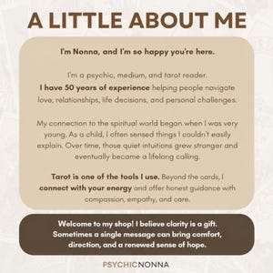 May include: A beige informational graphic titled A LITTLE ABOUT ME. It introduces Nonna, a psychic, medium, and tarot reader with 50 years of experience. The text details a lifelong spiritual calling and tarot practice. The bottom includes a dark brown banner with the text Welcome to my shop! I believe clarity is a gift. Sometimes a single message can bring comfort, direction, and a renewed sense of hope. The footer displays PSYCHICNONNA.
