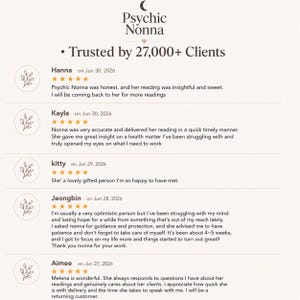 May include: A digital display featuring the text Psychic Nonna and Trusted by 27,000+ Clients. Below are five customer reviews, each with a five-star rating, a name, a date, and a small circular icon containing a line-art illustration of a plant.