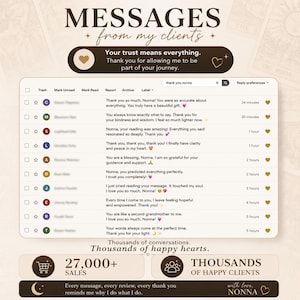 May include: A digital display titled MESSAGES from my clients featuring a list of email-style testimonials addressed to Nonna. The interface includes a search bar, timestamps, and gold heart icons. Below, text reads 27,000+ SALES and THOUSANDS OF HAPPY CLIENTS.