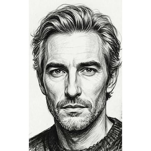 May include: A detailed pencil sketch portrait of a man with short, wavy grey hair and a neatly trimmed beard. The artwork captures the man's facial features, with a focus on shading and texture. The man is wearing a dark sweater. The style is realistic.