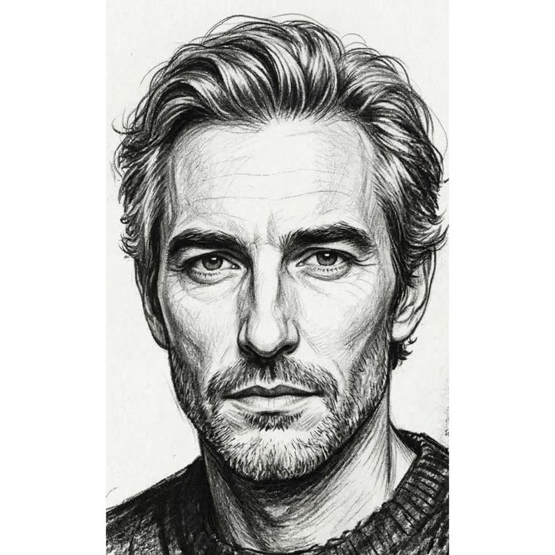 May include: A detailed pencil sketch portrait of a man with short, wavy grey hair and a neatly trimmed beard. The artwork captures the man's facial features, with a focus on shading and texture. The man is wearing a dark sweater. The style is realistic.