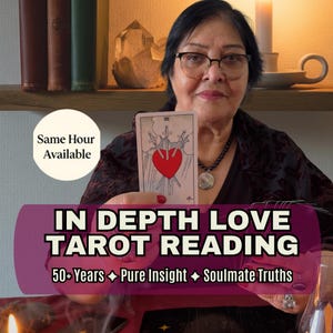 May include: An image promoting an in-depth love tarot reading. The card shows a heart pierced by three swords. Text includes "Same Hour Available", "50+ Years", "Pure Insight", and "Soulmate Truths".