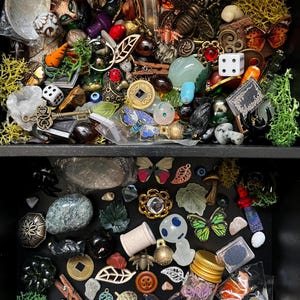 May include: A collection of small, decorative objects including butterflies, dice, coins, beads, and leaves. The items are in various colors and materials, such as metal, glass, and wood. The objects are arranged in a dark, organized display.