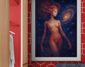 Impresión de la Diosa Cósmica: Arte Celestial Surrealista (Descarga Digital)