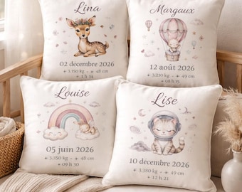 Coussin de naissance personnalisé fille  40x40 - Cadeau naissance aquarelle modele au choix