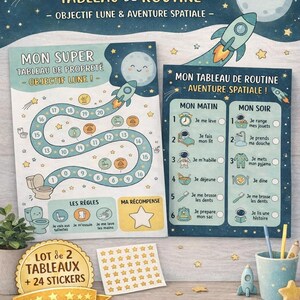 Op de afbeelding: Educatieve kaarten voor kinderen met een ruimtethema. Inclusief een netheidkaart en een routinekaart. De kaarten bevatten illustraties van een raket, maan en sterren, met stickers.