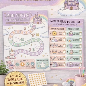 Op de afbeelding: Educatieve kaarten met een eenhoornthema. De kaarten bevatten een zindelijkheidstrainingkaart en een routinekaart. De kaarten hebben een paars en pastel kleurenschema met de tekst "Tableaux Éducatifs" en "Disponible sur Etsy".