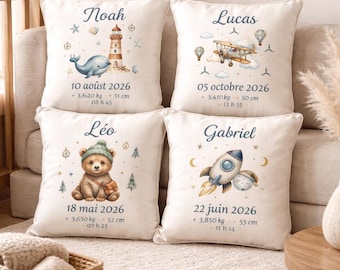 Coussin de naissance personnalisé garçon 40x40 - Cadeau naissance aquarelle modele au choix