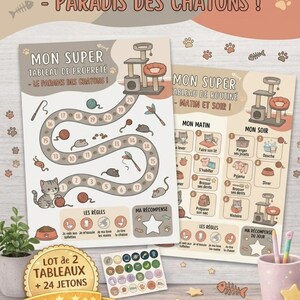 Op de afbeelding: Educatieve kat-thema kaarten met de tekst "Mon Super Tableau de Propreté" en "Mon Super Tableau de Routine". De kaarten bevatten illustraties van katten, kattenspeelgoed en een kattenboom. Inclusief stickers en een pennenhouder.