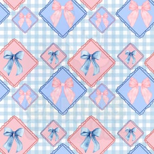 Pode incluir: Um padrão repetitivo de laços em aquarela rosa e azul, sobre um fundo xadrez vichy azul claro e branco. Os laços estão dentro de formas de diamante rosa e azul com bordas onduladas. O padrão é um design sem costura.