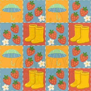 May include: A repeating pattern featuring squares with spring and summer motifs. The design includes green umbrellas, red strawberries, white flowers, and yellow rain boots. The background colors are orange, blue, and red.