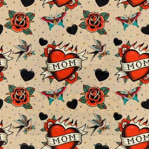 May include: A repeating pattern featuring traditional tattoo-style imagery. The design includes red roses, butterflies, swallows, black hearts, and flaming hearts with the word "MOM" on a banner, set against a beige background.