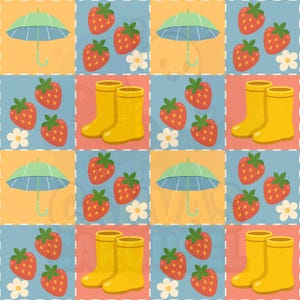 May include: A repeating pattern with a light green umbrella, red strawberries, white flowers, and yellow wellington boots. The design is set against a patchwork background of orange, blue, and red squares, creating a cheerful, spring-themed aesthetic.