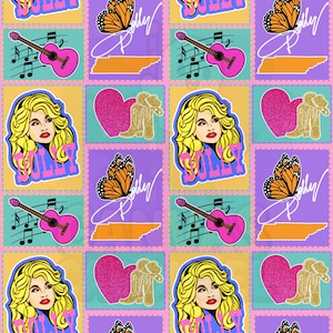 May include: A repeating pattern featuring Dolly Parton imagery. The design includes a pink guitar, musical notes, a butterfly, a heart, and a pair of boots. The word "Dolly" is written in a stylized font, and the Tennessee state outline is also present.