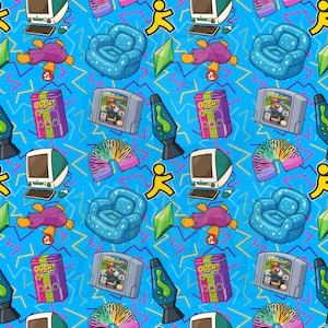 May include: A repeating pattern on a blue background featuring retro 90s elements. Includes a computer, a blue armchair, a purple Beanie Baby, a video game cartridge, a lava lamp, a slinky, and a box with the text "Ouch!".