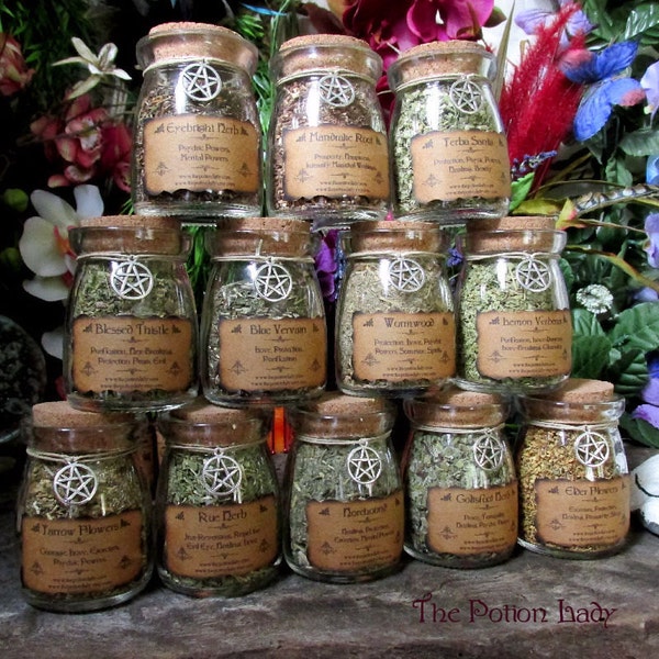 Set of Witch's Herbs Jars, Sacred Herbs, Wiccan Herb Jars, Herbal Witchcraft, Hoodoo Herbs, Witch's Cupboard Jars, Corked Herb Jars
