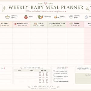 May include: A weekly baby meal planner chart with a cream background and soft pastel accents. The layout includes sections for daily meals, a water tracker, new foods introduced, and weekly goals, featuring icons for formula, fruit, and vegetables.