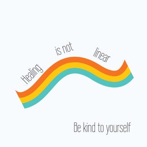 Peut inclure: Sur fond blanc, un design minimaliste présente un arc-en-ciel incurvé orange, jaune et turquoise. Le texte "Healing is not linear" est au-dessus de l'arc-en-ciel, avec "Be kind to yourself" en dessous.