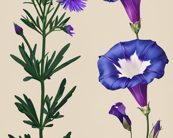 Kunstafdruk met bloemen geboorte september | Aster & Morning Glory (digitale png)