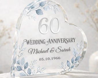 Personalised 60th Wedding Anniversary Gift Heart-Shaped Acrylic Plaque Custom Names Date Elegant Floral