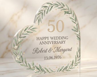 Personalized 50th Anniversary Acrylic Plaque, Golden Heart Keepsake