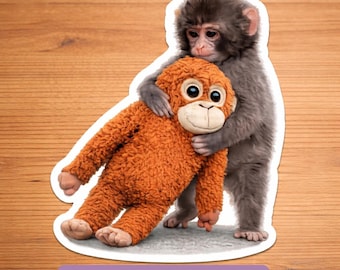 Baby Monkey Punch Sticker, Cute Monkey Hugging Plush, Waterproof Vinyl Die Cut