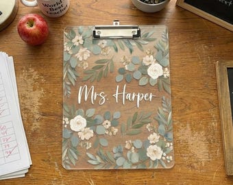 Personalized Acrylic Clipboard for Teachers, Floral Name Clipboard, Double-Sided Printed Teacher Desk Gift