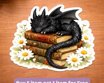 Black Baby Dragon Book Sticker, Cute Fantasy Vinyl Sticker, Bookish Dragon Sticker, Book Lover Gift, Kindle Laptop Decal