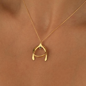 Collar con soporte para anillo en forma de hueso de la suerte y piedra natal / Plata de ley, oro