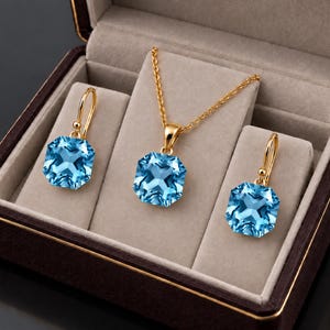 Aquamarine blue something blue Bridal Necklace Set, blue Hexagon Wedding Earrings , Gold Jewelry Set ,prom ,Graduation Gift March Birthstone