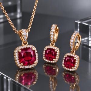 Könnte beinhalten: Ein goldfarbenes Schmuckset bestehend aus einer Anhängerkette und passenden Creolen. Jedes Schmuckstück ist mit einem quadratisch geschliffenen, tiefroten Edelstein besetzt, der von einem Kranz aus kleinen, klaren Steinen umgeben ist.