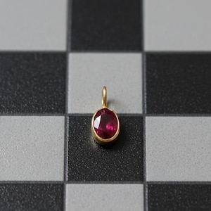 May include: A gold pendant featuring an oval, deep red gemstone. The pendant is set in a gold bezel and has a small loop at the top for a chain. The background is a black and white chequered pattern.