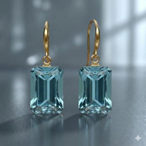 14K Gold Blue Topaz Rectangle Drop Earrings, December Birthstone
