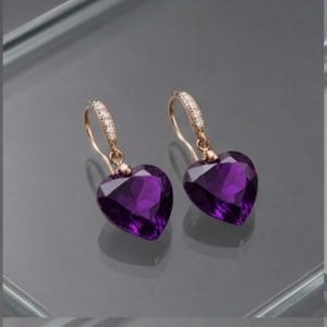 14K Gold Purple Amethyst Heart Drangle Earrings: February Birthstone