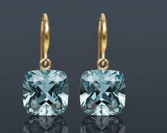 14K Gold Aquamarine Cushion Drop Earrings, March Birthstone