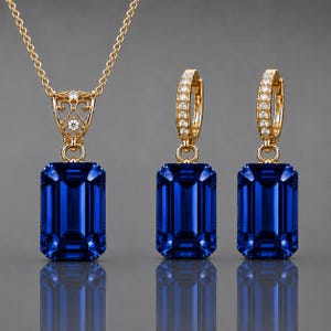 May include: A gold jewelry set consisting of a necklace and two hoop earrings. Each piece features a large, rectangular, emerald-cut deep blue gemstone. The necklace pendant has an ornate gold filigree bail with small clear stones.