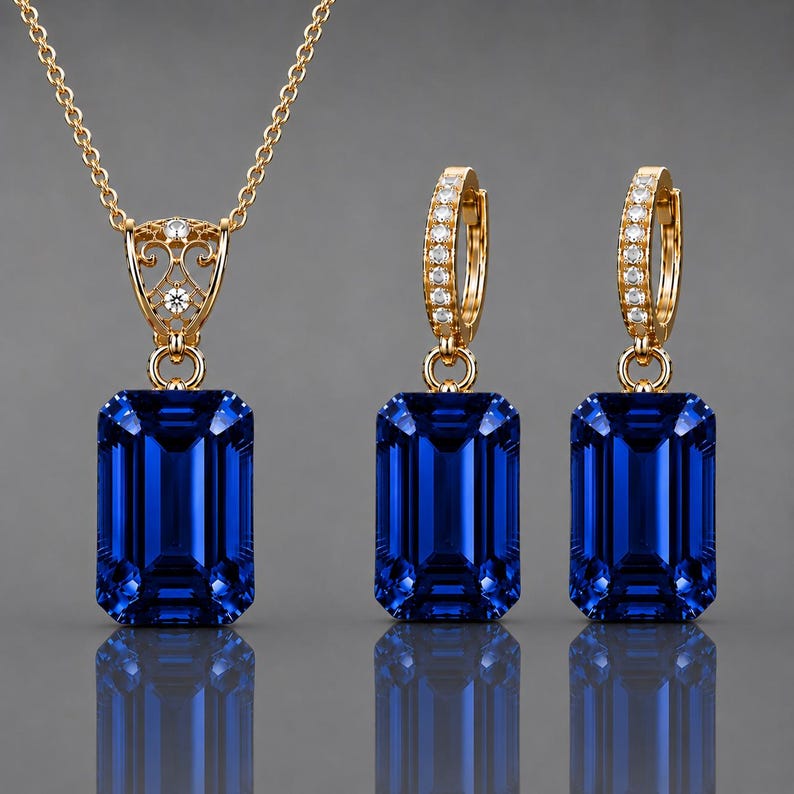 May include: A gold jewelry set consisting of a necklace and two hoop earrings. Each piece features a large, rectangular, emerald-cut deep blue gemstone. The necklace pendant has an ornate gold filigree bail with small clear stones.