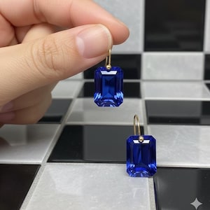 Sterling Silver Blue Sapphire Rectangle Hook Earrings