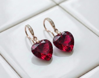14K Gold Fill Ruby Heart Drop Earrings: July Birthstone Bridal Jewelry