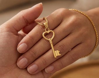 14K Gold Heart Key Pendant Necklace: Sterling Silver Charm