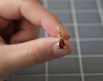 14k Solid Gold Garnet Teardrop Charm, Handmade Pendant