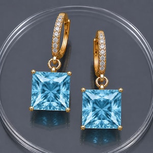 Pendientes de aguamarina, piedra natal de marzo, pendientes de corte esmeralda azul aguamarina en oro o plata, gotas rectangulares de cuarzo aguamarina, regalo para el Día de la Madre.