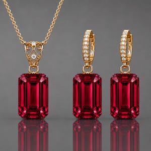 Puede incluir: Un conjunto de joyería compuesto por un collar y dos pendientes a juego. Cada pieza presenta una gran piedra preciosa de color rojo intenso con corte esmeralda rectangular suspendida de un engaste dorado. Los cierres están adornados con pequeñas piedras blancas.