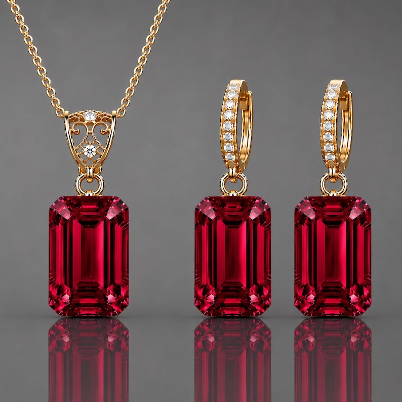 May include: A jewelry set consisting of a necklace and two matching earrings. Each piece features a large, rectangular, emerald-cut deep red gemstone suspended from a gold setting. The necklace bail and earring hoops are accented with small white stones.