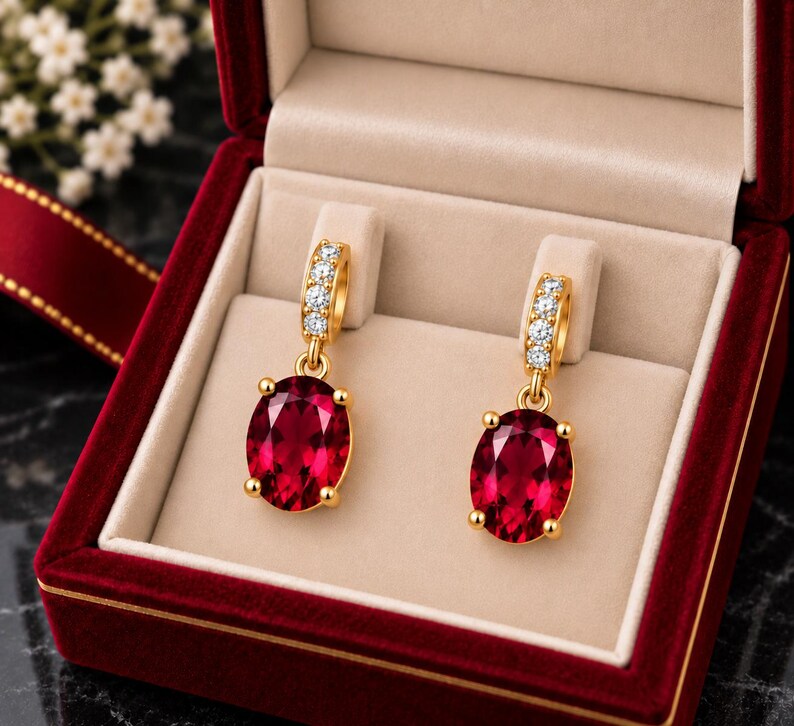 Ruby Gold Hoop Earrings 14K Gold Vermeil, Genuine Lab Ruby Vintage ...