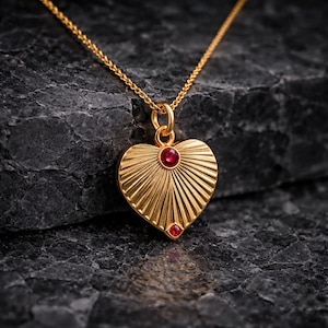 Sterling Silber Rubin Geriffelte Liebe Herz Anhänger Juli Birthstone