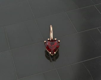14k Gold Heart Charm with Natural Red Garnet - Handmade Pendant January Birthstone