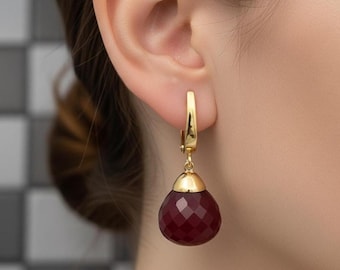 Sterling Silver Ruby Drop Earrings: 14mm Teardrop Briolette